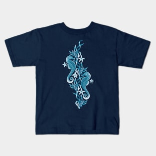 Monochrome Blue and White Seahorses and Starfish Kids T-Shirt